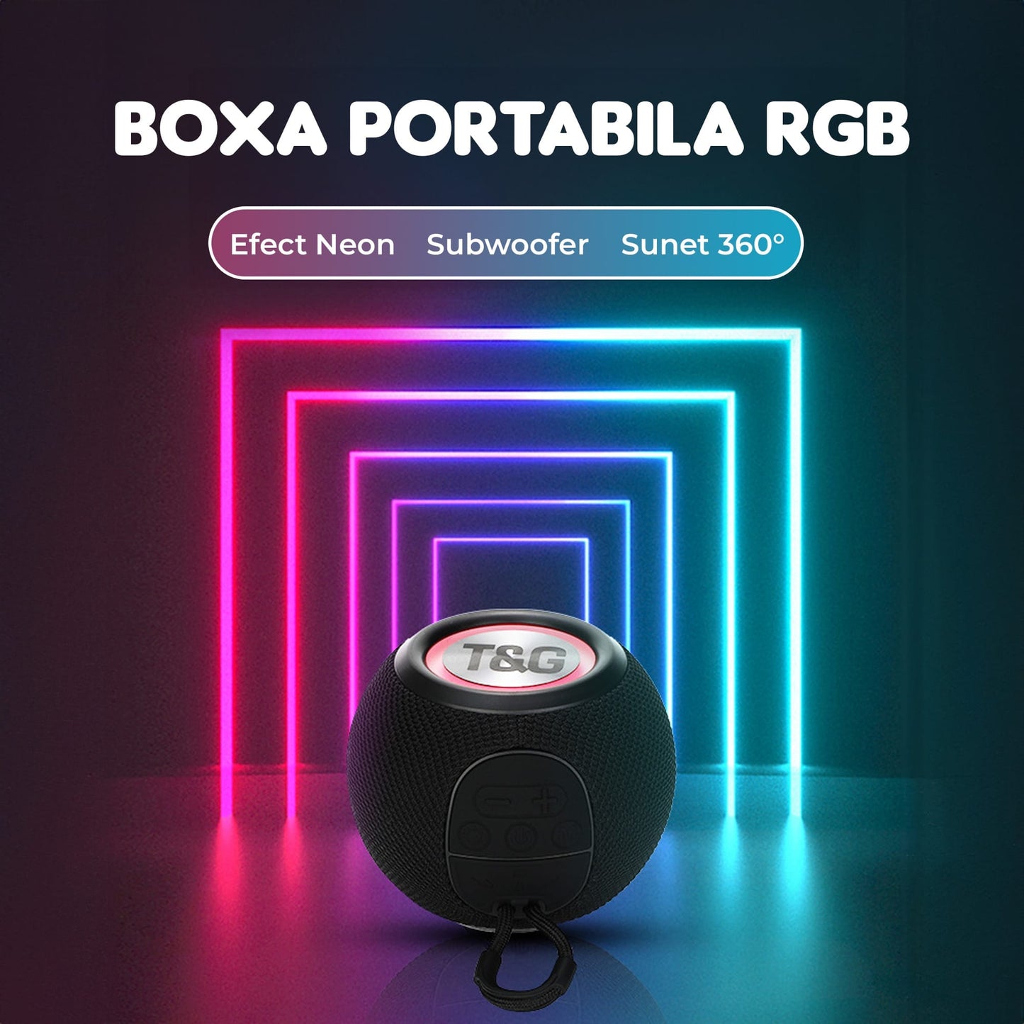 Boxa portabila, Bluetooth, Sunet surround 360, RGB, 1200mah, Negru