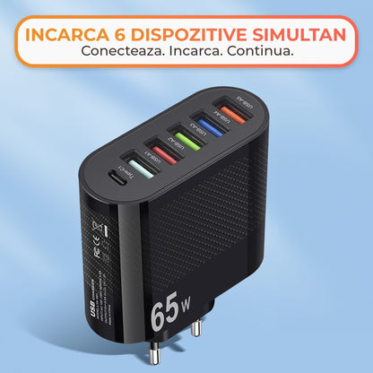 Incarcator Retea Timebox, 6 Porturi, 65W, 1 x Type-C, 5 x USB, Negru