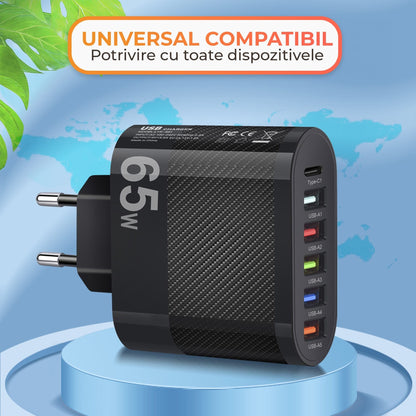 Incarcator Retea Timebox, 6 Porturi, 65W, 1 x Type-C, 5 x USB, Negru
