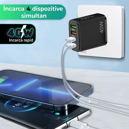 Incarcator Retea Timebox, 4 Porturi, 40W, 2 x Type-C, 2 x USB, Negru