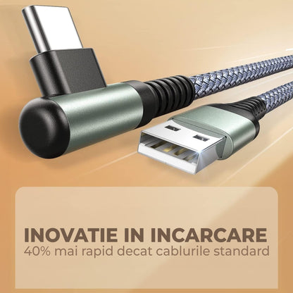 Cablu Date si Incarcare Rapida Timebox, USB la Type-C, 1m, QC 3, Unghi 90°