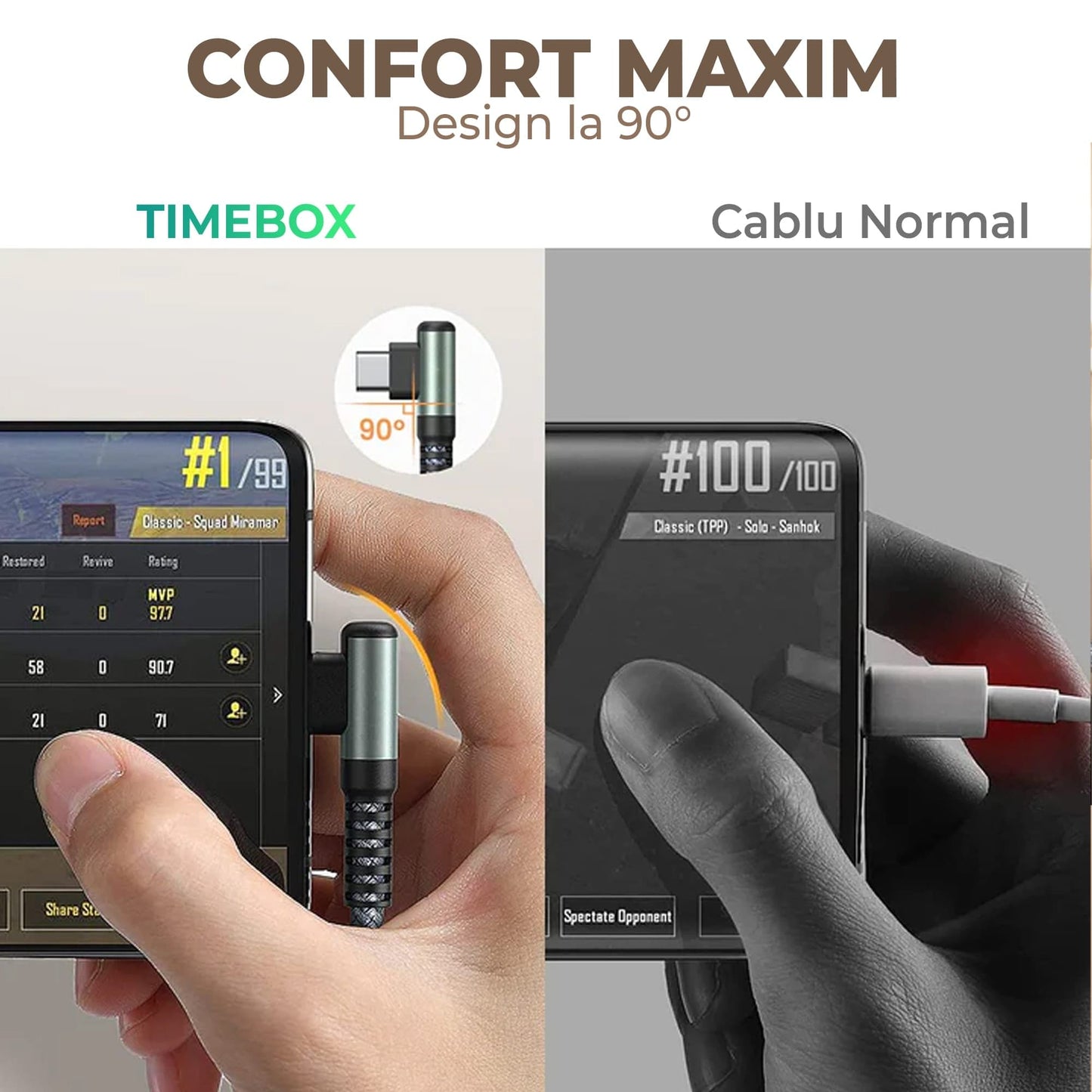 Cablu Date si Incarcare Rapida Timebox, USB la Type-C, 1m, QC 3, Unghi 90°