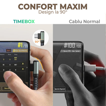 Cablu Date si Incarcare Rapida Timebox, USB la Type-C, 1m, QC 3, Unghi 90°