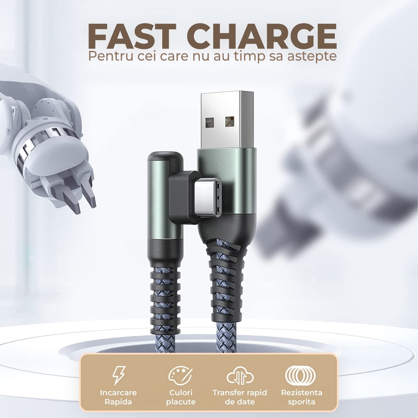 Cablu Date si Incarcare Rapida Timebox, USB la Type-C, 2m, QC 3, Negru