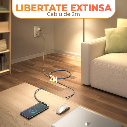 Cablu Date si Incarcare Rapida Timebox, USB-C la Type-C, 60W, 2m, Negru