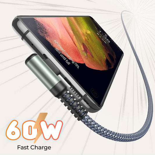 Cablu Date si Incarcare Rapida Timebox, USB-C la Type-C, 60W, 3m, Unghi 90°