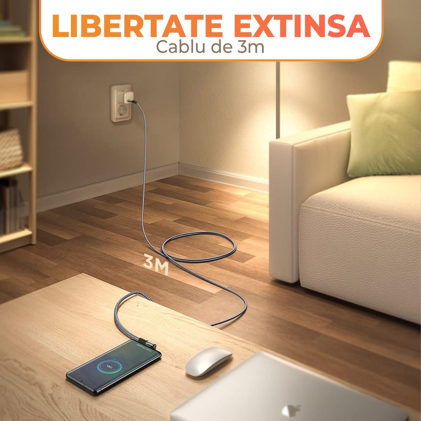 Cablu Date si Incarcare Rapida Timebox, USB-C la Type-C, 60W, 3m, Unghi 90°