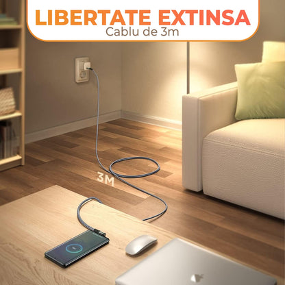Cablu Date si Incarcare Rapida Timebox, USB-C la Type-C, 60W, 3m, Unghi 90°
