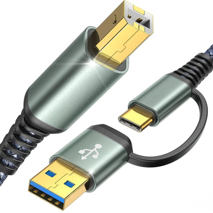 Cablu de imprimanta Timebox, USB si USB-C la USB-B 2, Placat cu aur, Gri