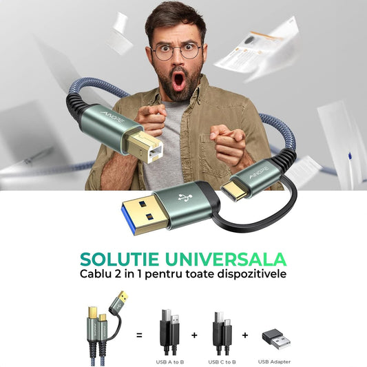 Cablu de imprimanta Timebox, USB si USB-C la USB-B 2, Placat cu aur, Gri