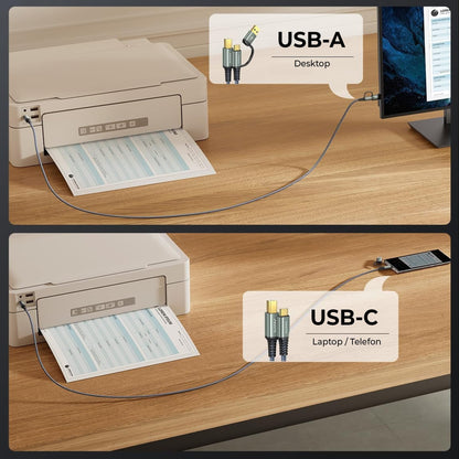 Cablu de imprimanta Timebox, USB si USB-C la USB-B 2, Placat cu aur, Gri