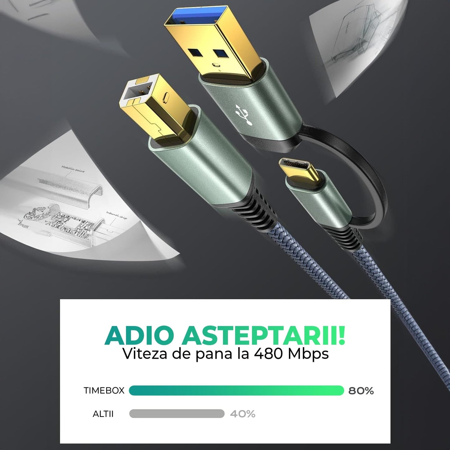 Cablu de imprimanta Timebox, USB si USB-C la USB-B 2, Placat cu aur, Gri