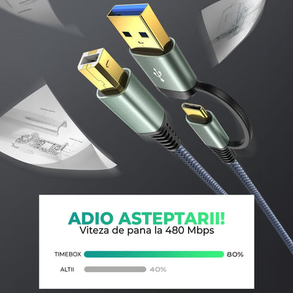 Cablu de imprimanta Timebox, USB si USB-C la USB-B 2, Placat cu aur, Gri