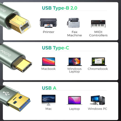 Cablu de imprimanta Timebox, USB si USB-C la USB-B 2, Placat cu aur, Gri