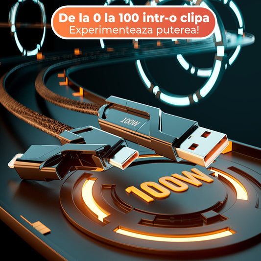 Cablu de date si Incarcare Rapida Timebox, 4 in 1, 100W, 1,5m, USB, Negru