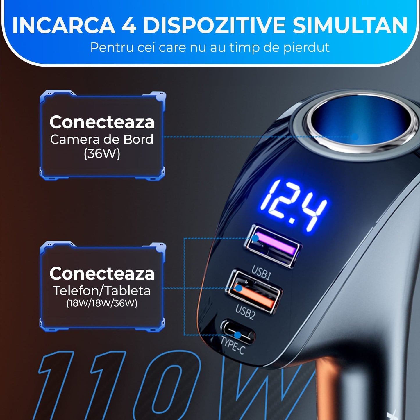 Adaptor priza Timebox, 110W, 2 x USB, 1 x USB-C, 4 in 1, 1 x soclu auto, Negru