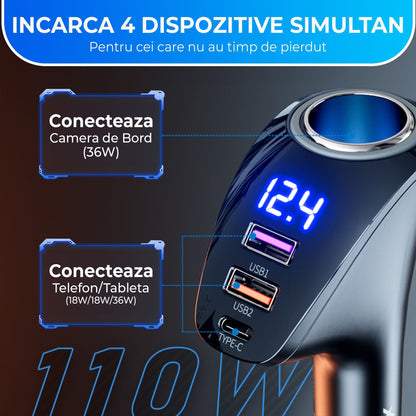 Adaptor priza Timebox, 110W, 2 x USB, 1 x USB-C, 4 in 1, 1 x soclu auto, Negru