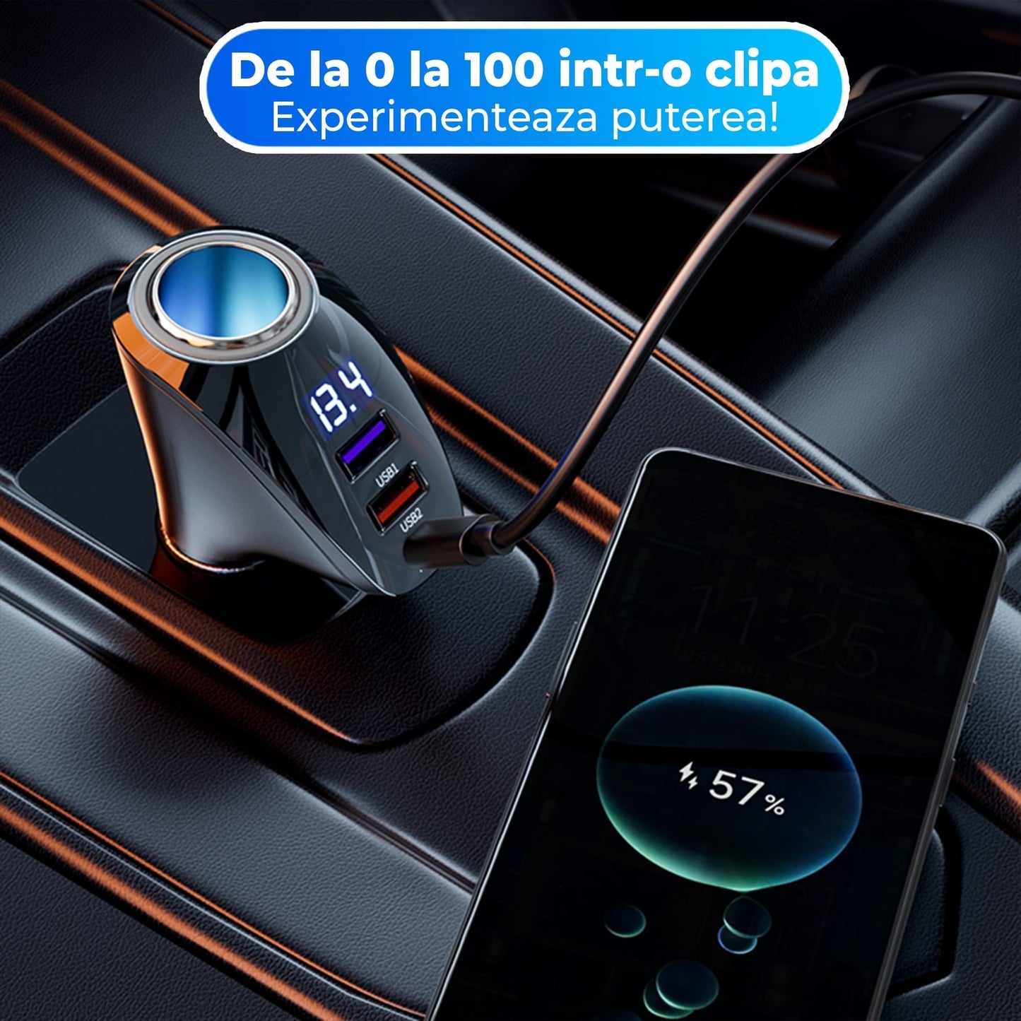 Adaptor priza Timebox, 110W, 2 x USB, 1 x USB-C, 4 in 1, 1 x soclu auto, Negru
