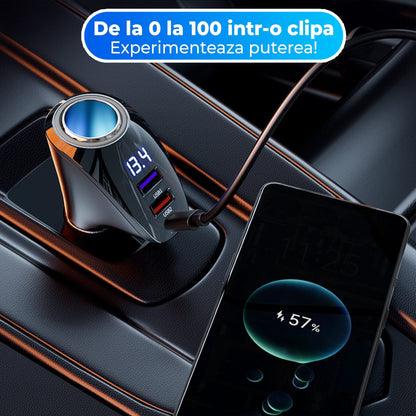 Adaptor priza Timebox, 110W, 2 x USB, 1 x USB-C, 4 in 1, 1 x soclu auto, Negru
