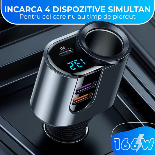 Adaptor priza Timebox, 166W, 2 x USB, 1 x USB-C, 4 in 1, 1 x soclu auto, Negru