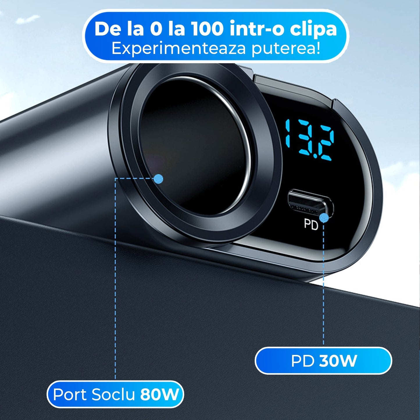 Adaptor priza Timebox, 166W, 2 x USB, 1 x USB-C, 4 in 1, 1 x soclu auto, Negru