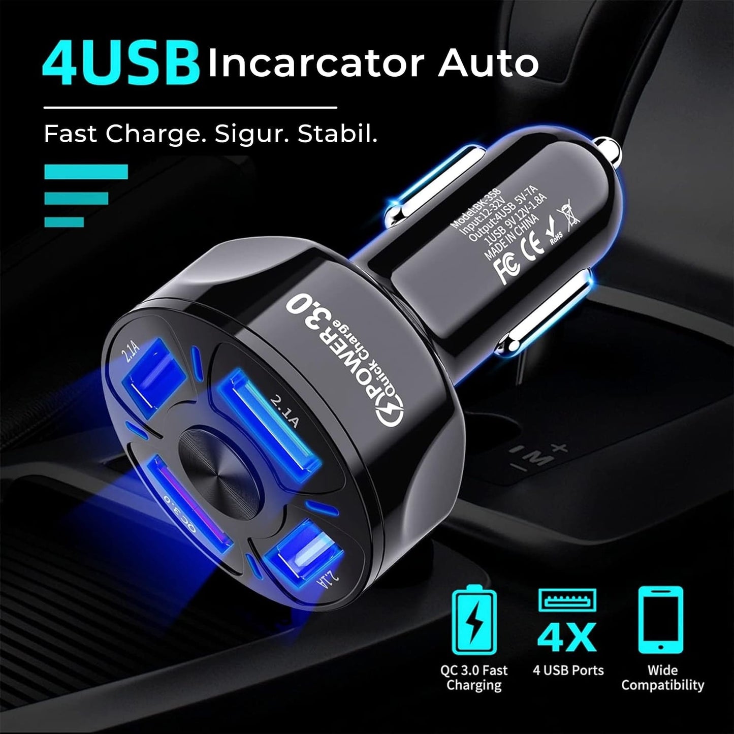 Incarcator auto Timebox, 4 x USB , Super Fast-Charge, 0 Lumini LED, Negru