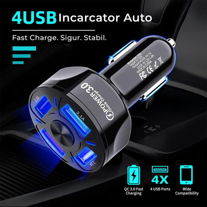 Incarcator auto Timebox, 4 x USB , Super Fast-Charge, 0 Lumini LED, Negru
