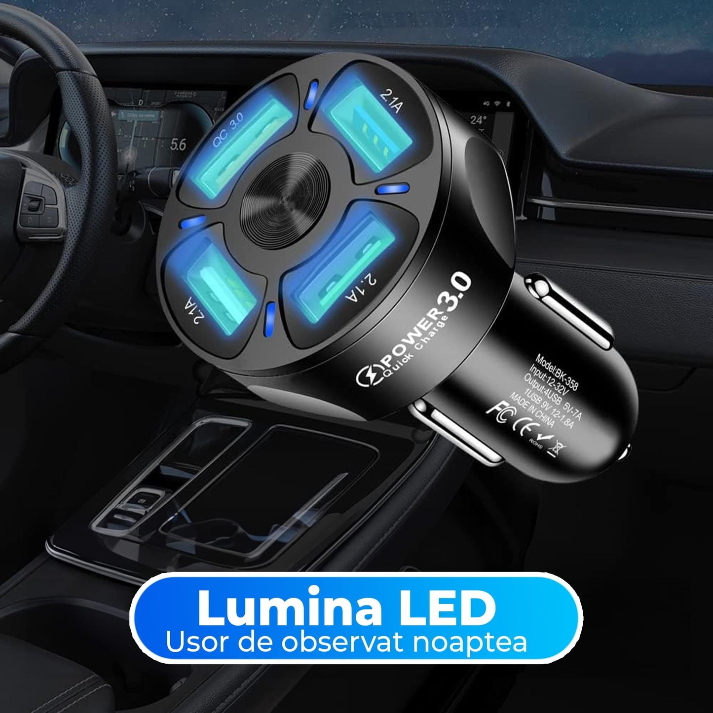 Incarcator auto Timebox, 4 x USB , Super Fast-Charge, 0 Lumini LED, Negru