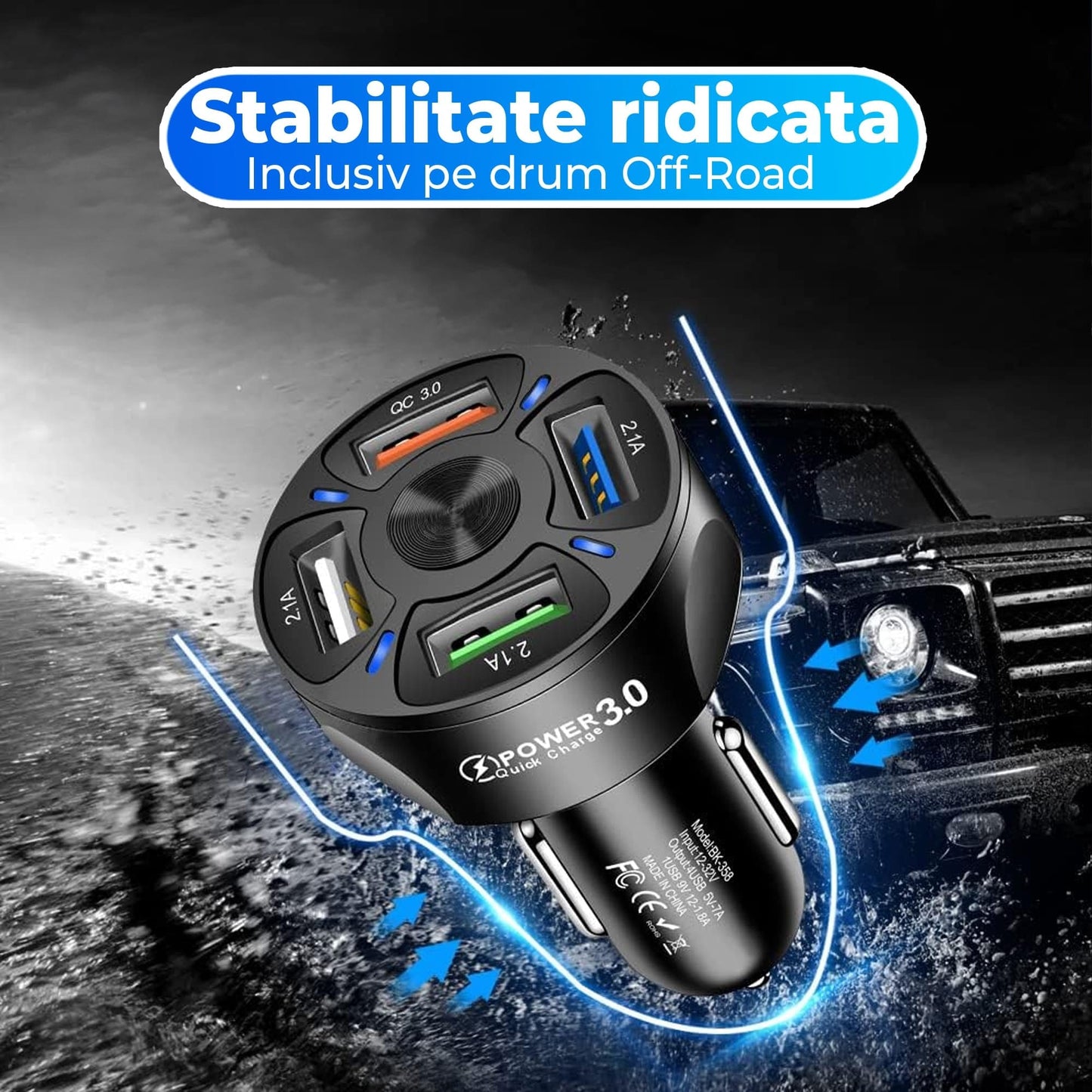 Incarcator auto Timebox, 4 x USB , Super Fast-Charge, 0 Lumini LED, Negru