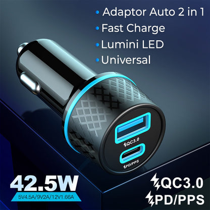 Incarcator auto Timebox, 43W, 1 x USB , 1 x USB-C, Lumini LED, Negru