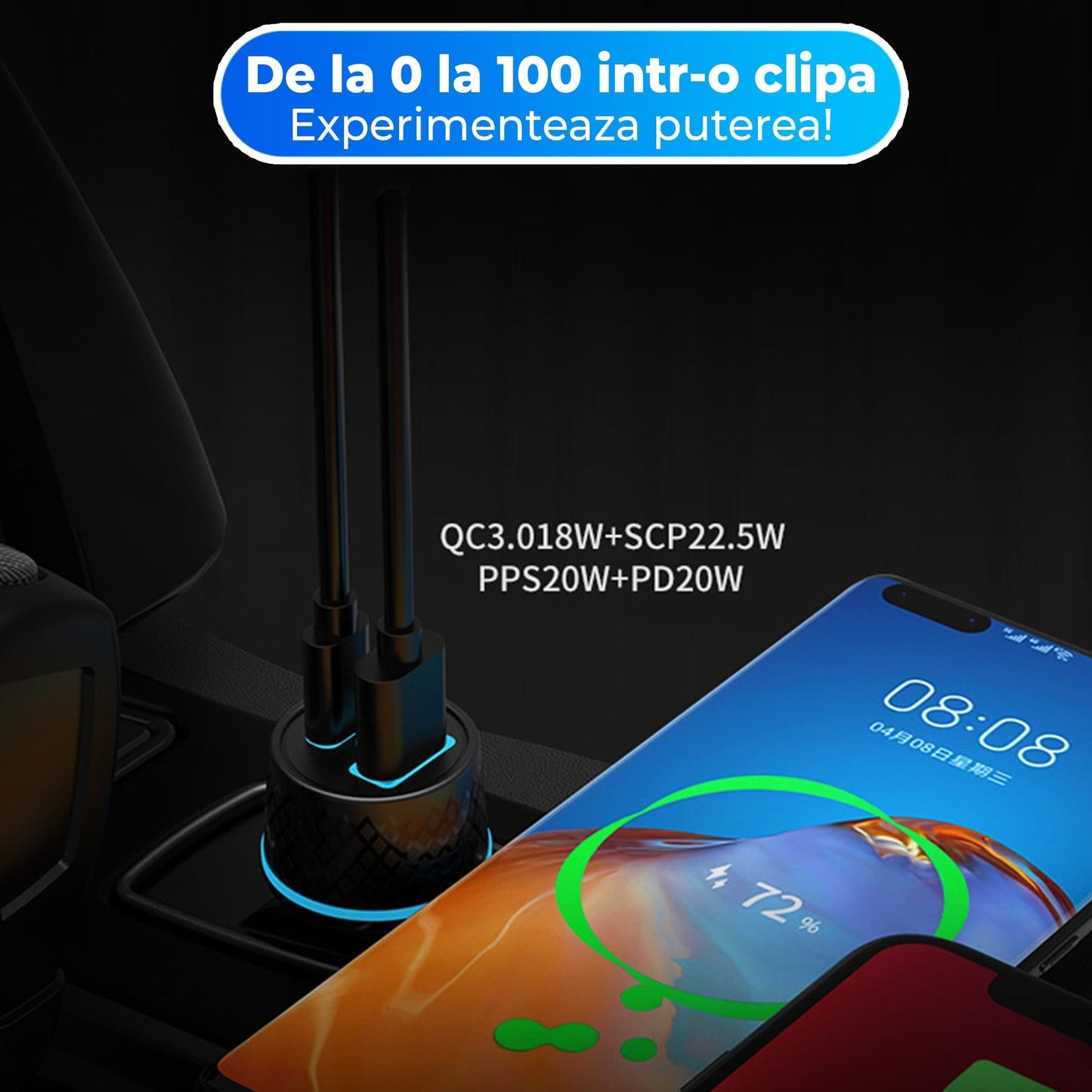 Incarcator auto Timebox, 43W, 1 x USB , 1 x USB-C, Lumini LED, Negru