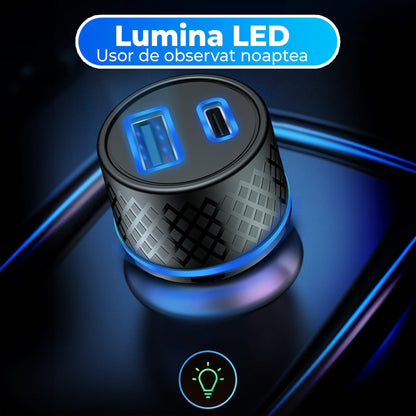 Incarcator auto Timebox, 43W, 1 x USB , 1 x USB-C, Lumini LED, Negru