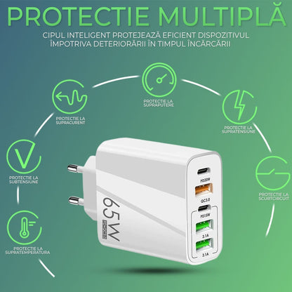 Incarcator Retea, 65W, 5 Porturi, 3 x USB, 2 x Type-C, Alb
