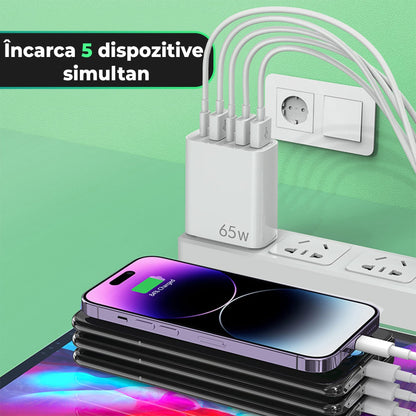 Incarcator Retea, 65W, 5 Porturi, 3 x USB, 2 x Type-C, Alb