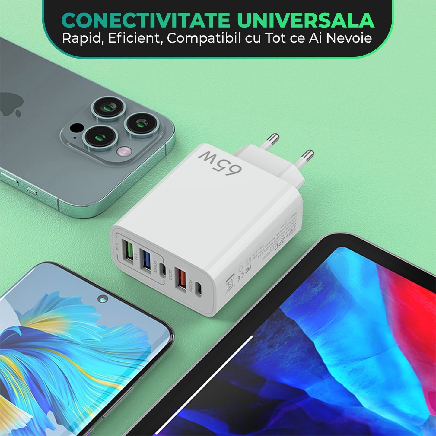 Incarcator Retea, 65W, 5 Porturi, 3 x USB, 2 x Type-C, Alb