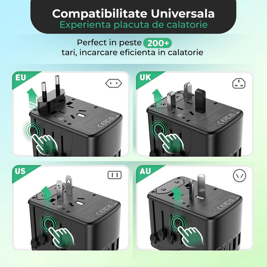 Adaptor incarcator universal priza de calatorie Timebox, 2 x USB, 3 x Type-C, Negru