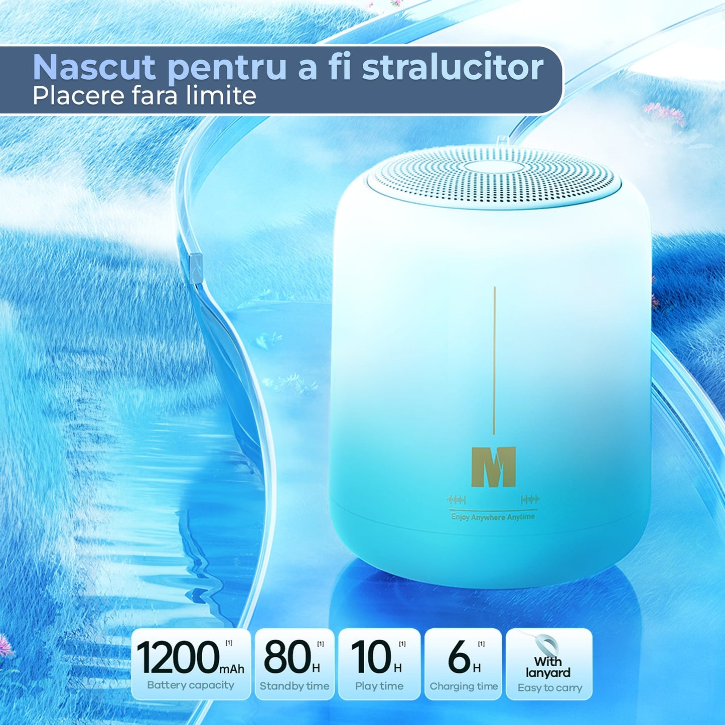 Boxa portabila cu lumini RGB, Bluetooth, Sunet surround 360, 1200mah, Albastru