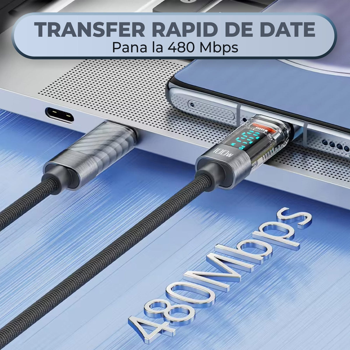 Cablu de Incarcare si Transfer de Date Timebox, USB-C la Type-C, 100W, 2m, Gri
