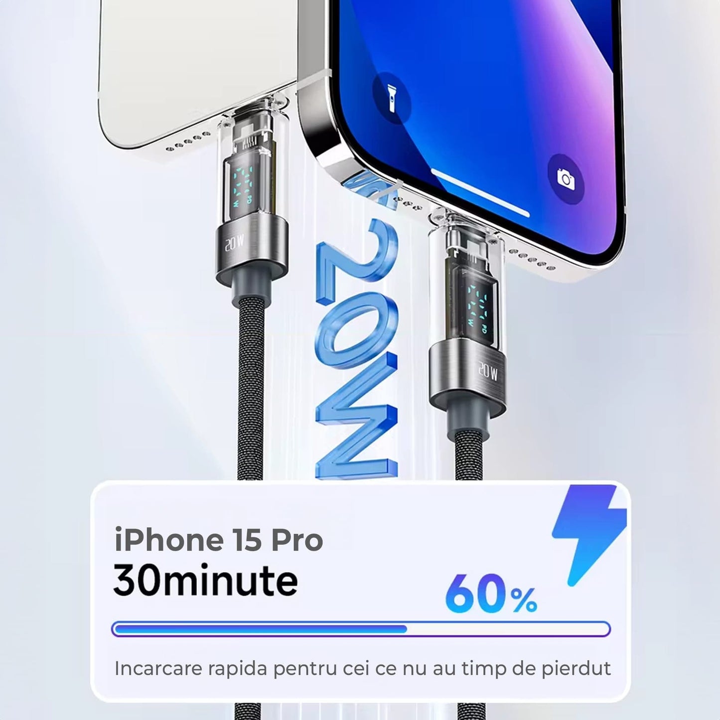 Cablu de Incarcare si Transfer de Date Timebox, USB-C la Lightning, 20W, 2m, Gri