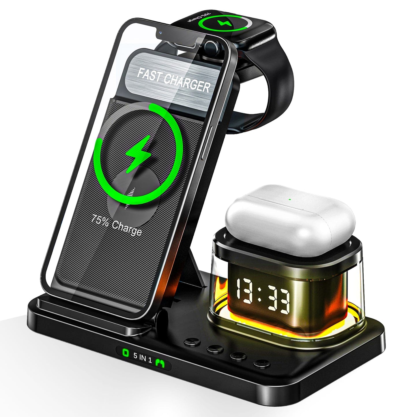 Incarcator Wireless 5 in 1 Timebox, 15W, cu ceas si lumina de veghe, Negru