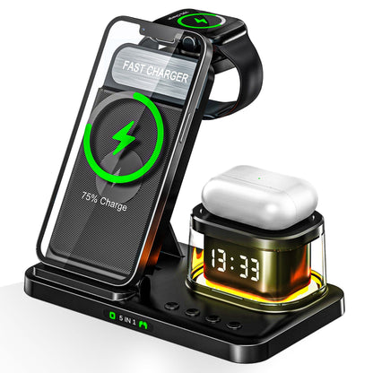Incarcator Wireless 5 in 1 Timebox, 15W, cu ceas si lumina de veghe, Negru