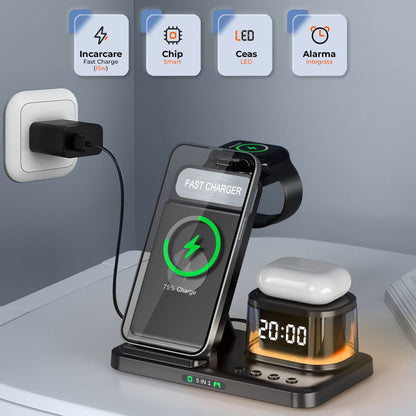 Incarcator Wireless 5 in 1 Timebox, 15W, cu ceas si lumina de veghe, Negru