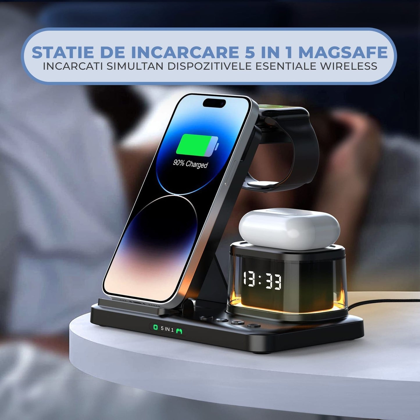 Incarcator Wireless 5 in 1 Timebox, 15W, cu ceas si lumina de veghe, Negru