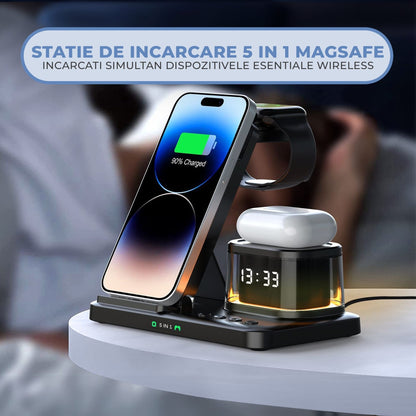 Incarcator Wireless 5 in 1 Timebox, 15W, cu ceas si lumina de veghe, Negru