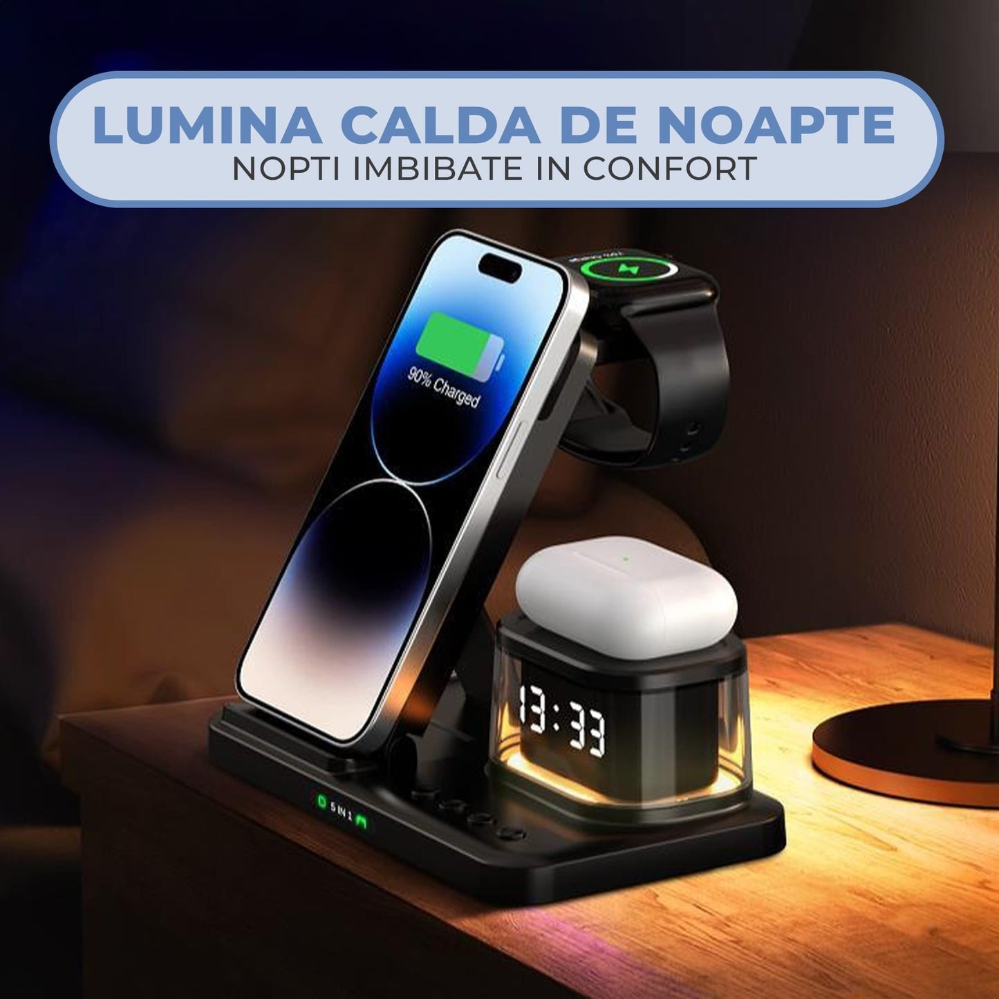 Incarcator Wireless 5 in 1 Timebox, 15W, cu ceas si lumina de veghe, Negru