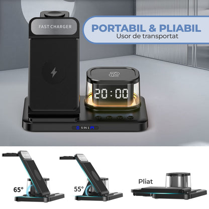 Incarcator Wireless 5 in 1 Timebox, 15W, cu ceas si lumina de veghe, Negru