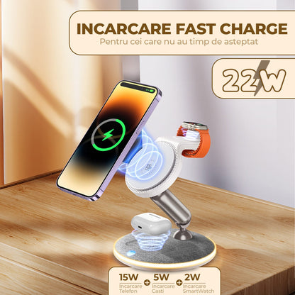 Incarcator Wireless Timebox, 22W, Pliabil, cu Magsafe, Airpods, Apple Watch, Alb