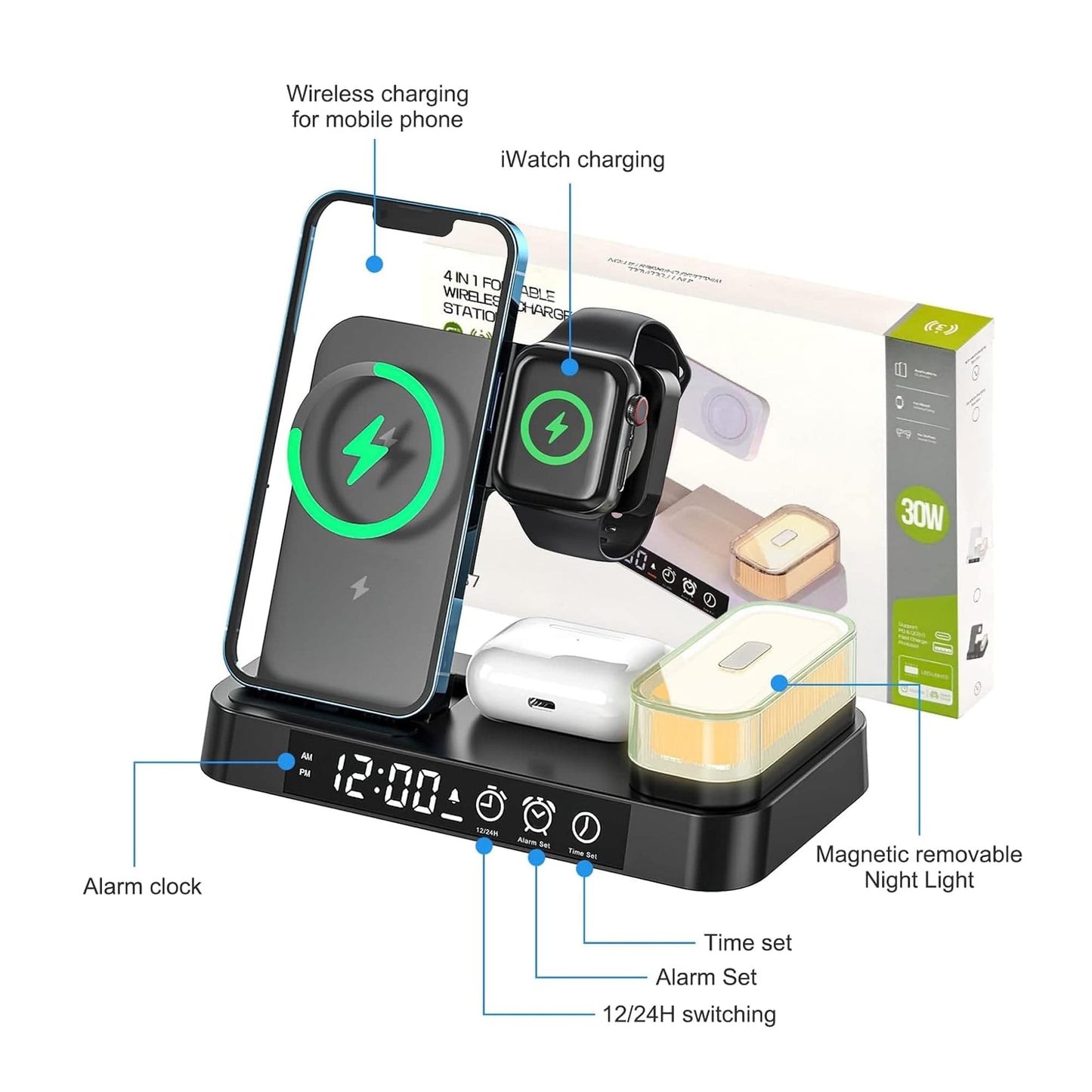 Incarcator Wireless 5 in 1, 20W, multifunctional, lampa de noapte detasabila