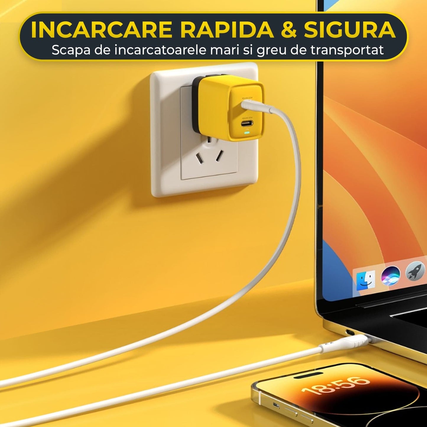 Incarcator Retea Timebox, 2 Porturi, 40W, 2 x Type-C, LED, Galben