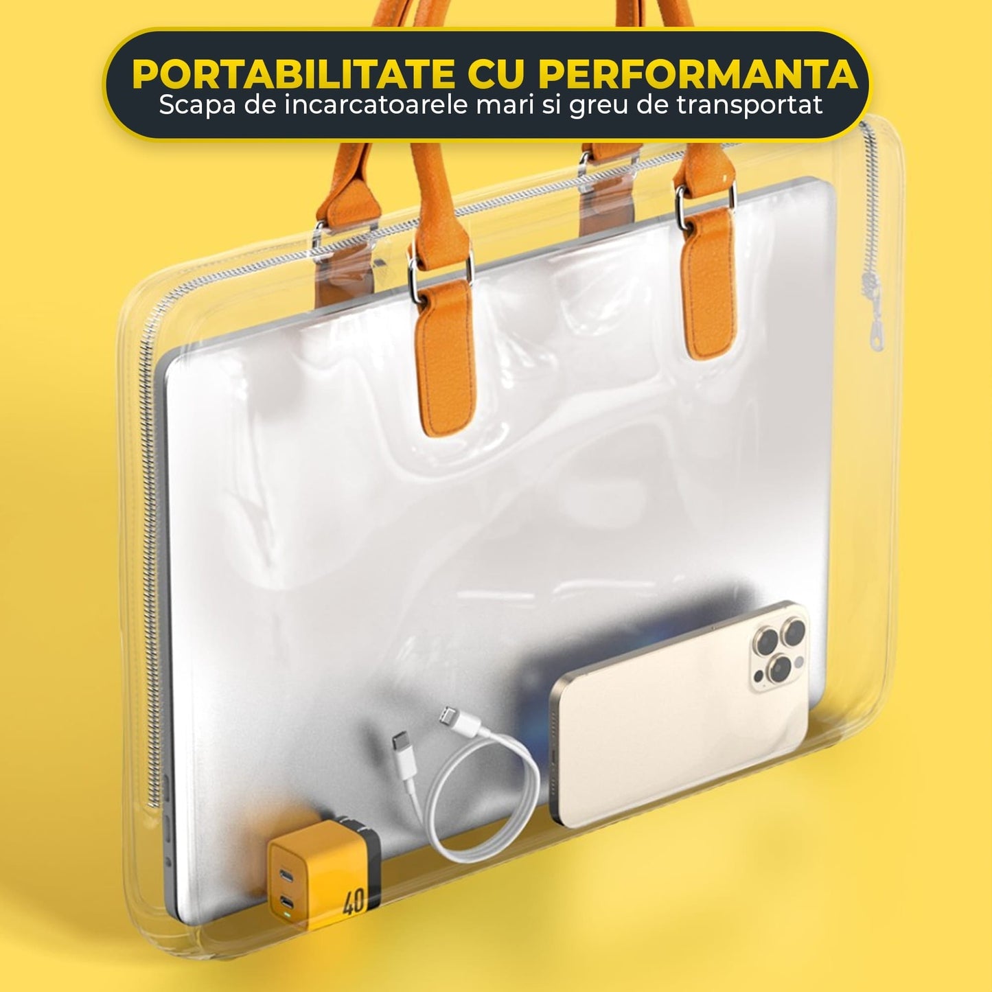 Incarcator Retea Timebox, 2 Porturi, 40W, 2 x Type-C, LED, Galben